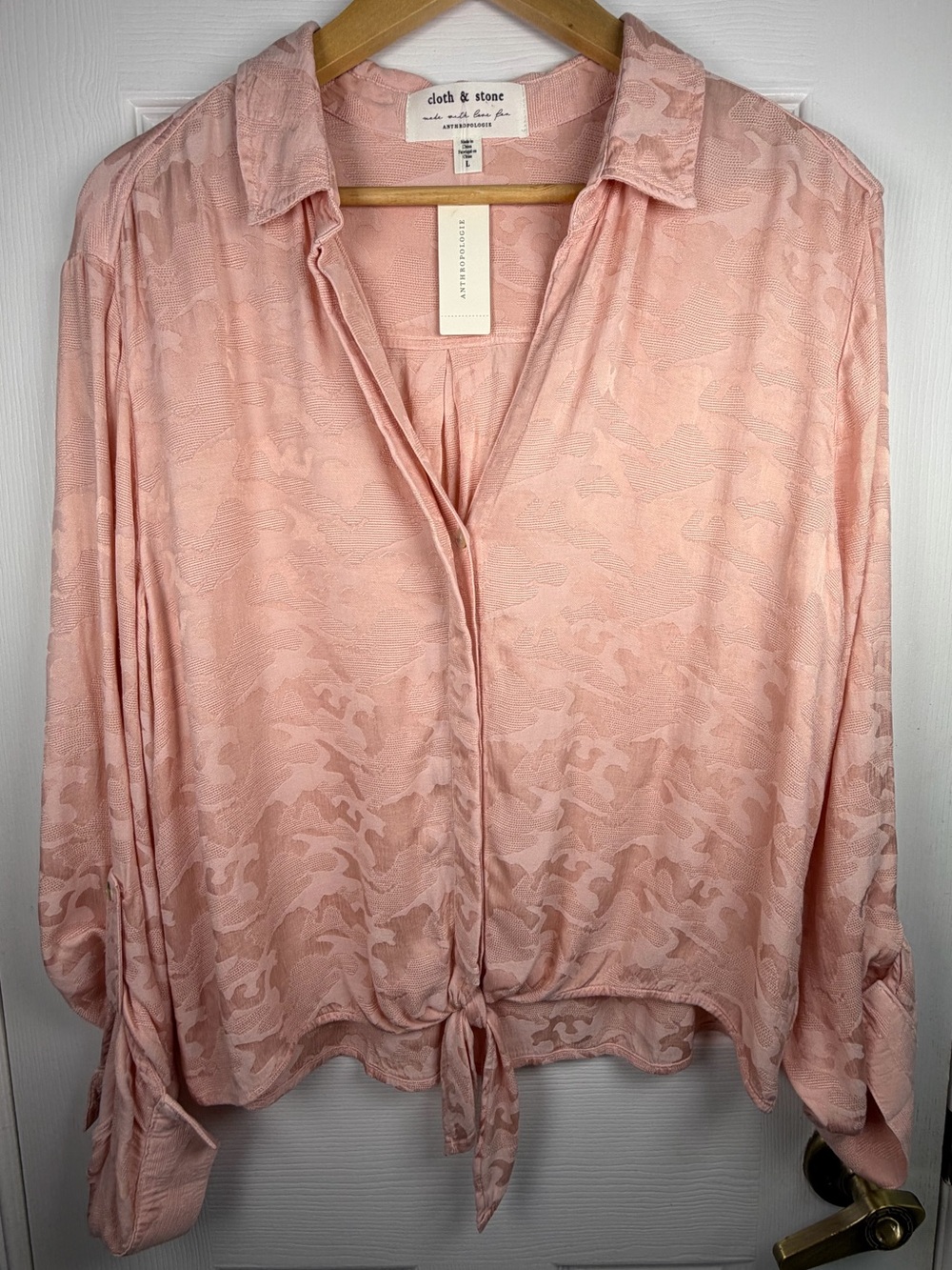 Anthropologie Cloth & Stone Peach Blouse Women's L Tie Hem Button Front Boho NWT